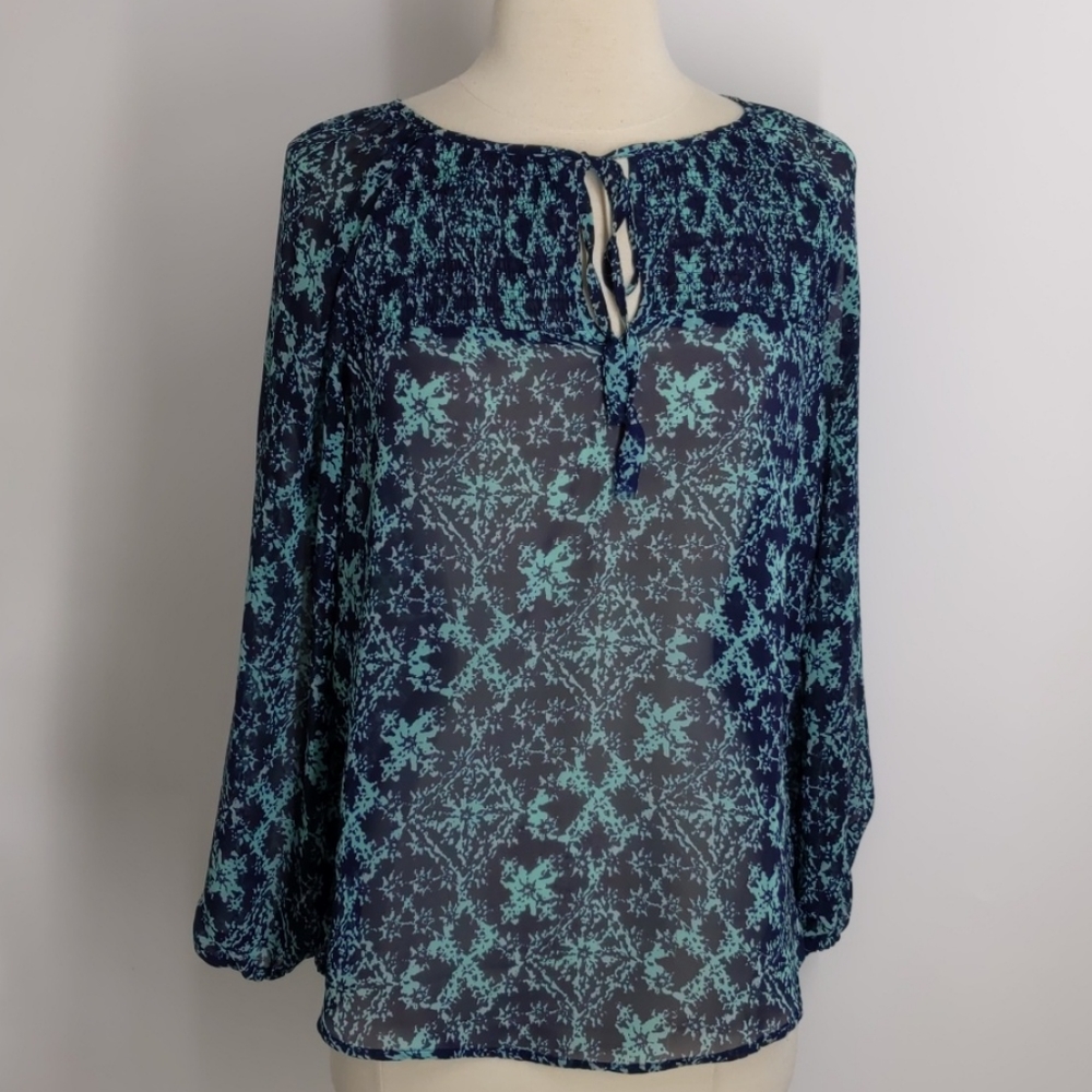 Gibson turquoise/black chiffon print top-sz XS